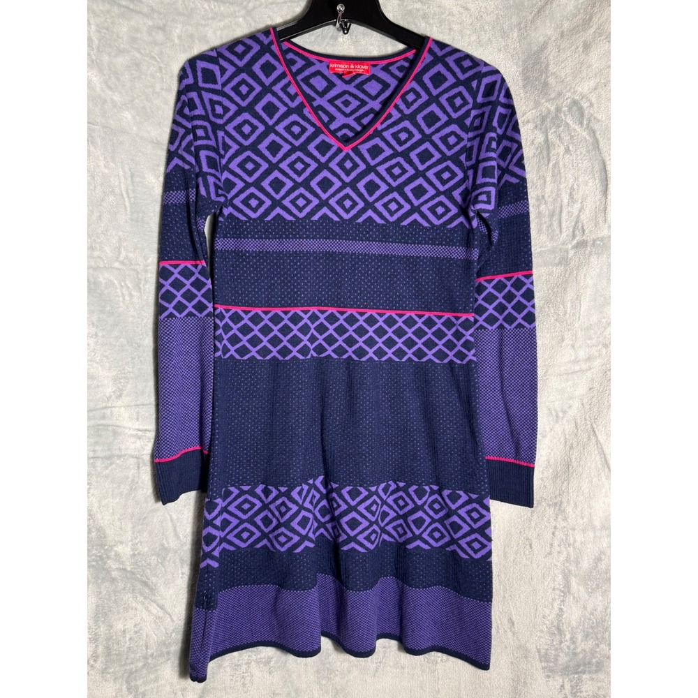 Krimson Klover Womens XL Purple Merino Wool Silk Blend Geometric Sweater Dress